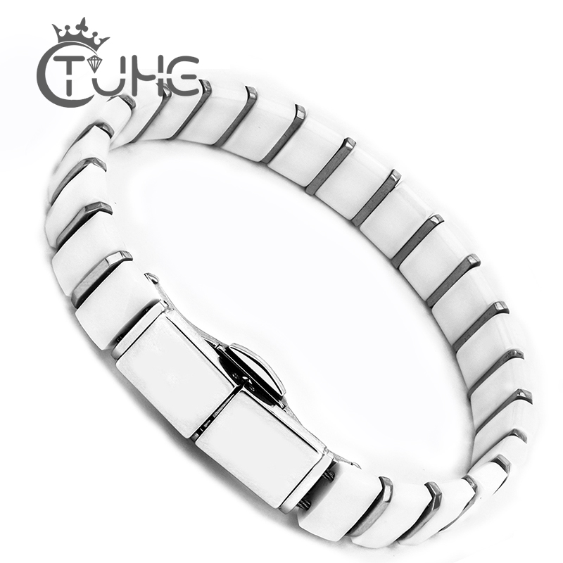 Ceramic Link Bracelet - 男性と女性のための特別なクラスプブレスレット,ステンレス鋼のチャームブレスレット,白と黒,良質