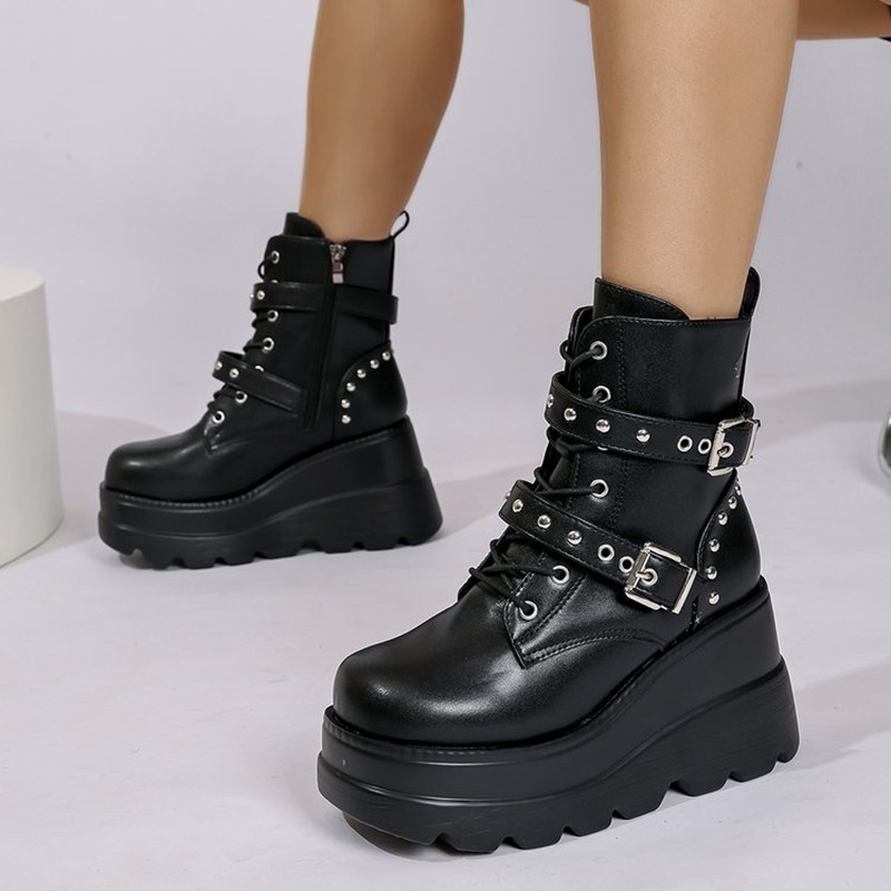 Leather Classic Strap - 女性革アンクルブーツ女性 2026 新秋冬ラウンドトゥレースアップシューズ女性オートバイプラットフォームゴシックブーツコスプレ