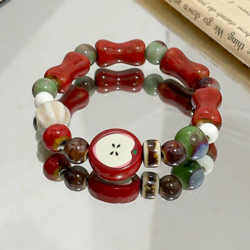Ceramic Link Bracelet - レトロ模造アップルセラミックビーズブレスレットかわいいカラーミックススター女性ブレスレットファッションデザインジュエリートレンドアクセサリーギフト