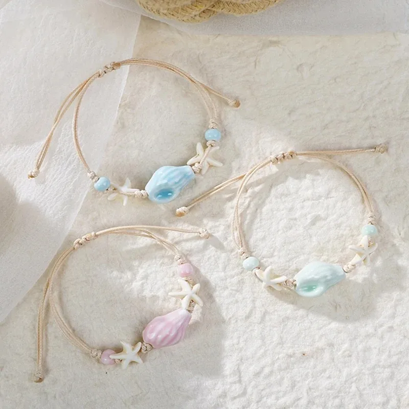 Ceramic Link Bracelet - ボヘミアン巻貝ヒトデ貝殻ビーズブレスレット女性ガールズボヘミアンスタイルシェルビーズビーチバングルジュエリーギフト調節可能な