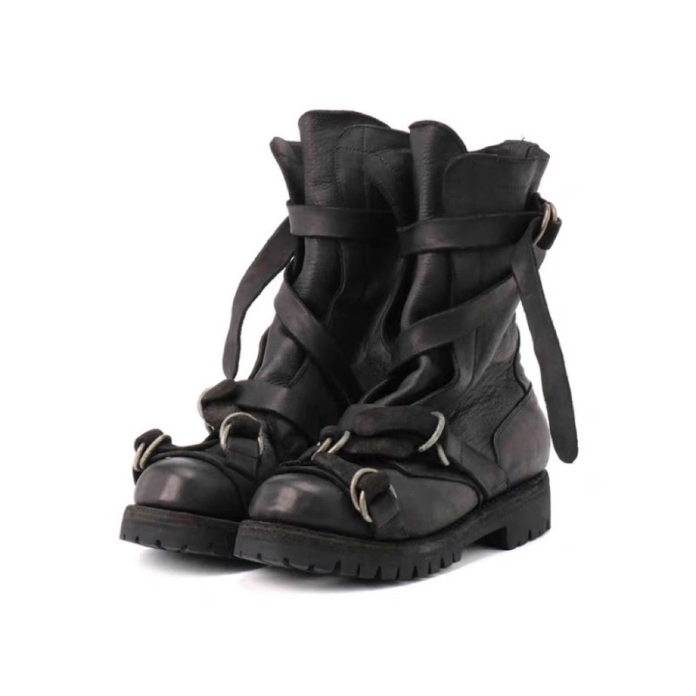 Leather Classic Strap - メンズレザーオートバイブーツパンクレトロ厚底ミッドカーフナイトブーツブラックソフトベルトバックルストラップハイトップモカシンシューズ