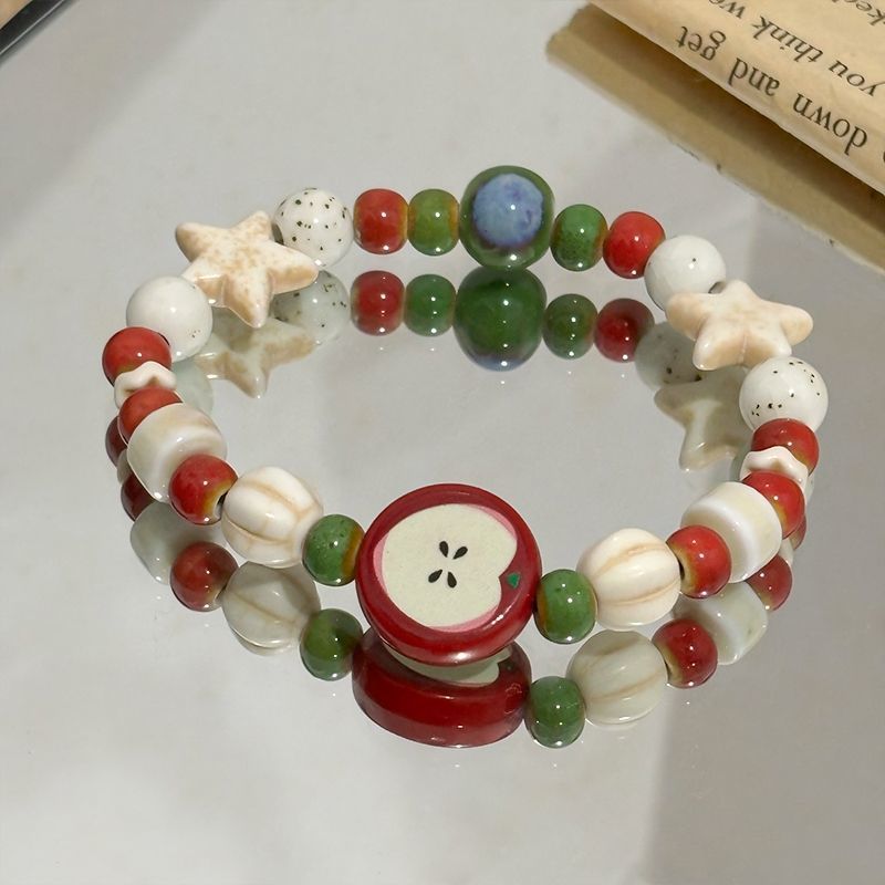 レトロ模造アップルセラミックビーズブレスレットかわいいカラー - Ceramic Link Bracelet のレビューと価格